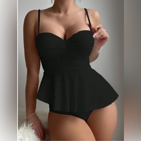 COPY - Ribbed Texture Detail Thin Strap Cami Tankini Set - Picture 3 of 8